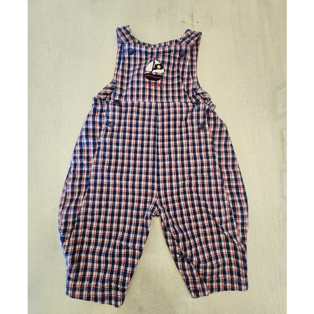 Oshkosh B'Gosh Vintage Plaid Overalls SZ 6-9 Months 90s Sailboats